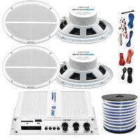 Pyle PFMRA450BW 4-Channel Bridgeable 400 Watts RMS Marine Amplifier, 4X Enrock EM692W 6x9 Marine Water Resistant 2 Way 250 Watt White Speakers, Pyle 8 Gauge Amp Install Kit, Enrock 18g Speaker Wire