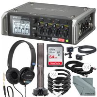 Zoom F4 Multitrack 6 in/ 8 Track Field Recorder with Timecode and Accessory Bundle w/Mic Capsule + Extension Cable + Pro Headphones + Xpix Cables + Fibertique