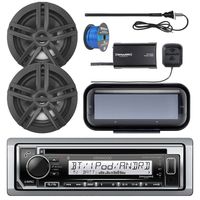 Kenwood KMRD372BT Marine CD Bluetooth Receiver, Single DIN Radio Cover, 2X Enrock Marine 2-Way 6.5" Speakers (Black), SiriusXM Tuner, Marine Radio Antenna - Black, 50 Foot 16-G Tinned Speaker Wire
