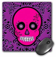3dRose LLC 8 x 8 x 0.25 Inches Mouse Pad, Day of The Dead Dia De Los Muertos Sugar Skull Pink/Purple Black Scroll Design (mp_28872_1)