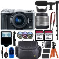 Canon EOS M6 Mirrorless Digital Camera - Silver w/15-45mm Lens + Pro Accessory Bundle (Including Digital Flash, Sturdy Equipment Carrying Case, 2X 64GB Transcend Memory Cards and More.)