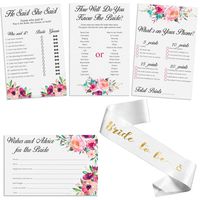 Set of 4 Vintage Watercolor Flower Themed Bridal Shower Game Card Packs with White and Gold Satin "Bride to Be" sash. - 5.5 x 8.5 Inches - 50 Sheets Each Game (200 Total)