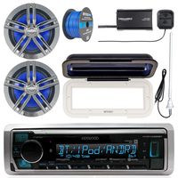 Kenwood KMR-M325BT Marine Bluetooth Receiver, Radio Cover, 2X Enrock Marine 2-Way 6.5" Speakers (Charcoal), Satellite Radio Tuner Kit, Marine Radio Antenna - White, 50 Foot 16-G Tinned Speaker Wire