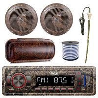 PyleMarine Single-DIN Bluetooth MP3 USB AUX Camo AM/FM Radio, Pyle 6.5'' Waterproof Camo Speakers (Pair), Stereo Shield Cover, Enrock Camouflage Boat Antenna, 18-G 50 Ft Wire