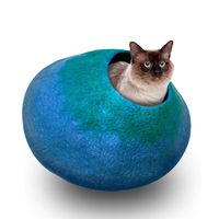 Juccini Handcrafted Felted Wool Cat Cave Bed for Cat and Kittens - Felted from 100% Natural Wool (Green/Blue Cave, Medium)
