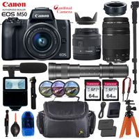Canon EOS M50 Mirrorless Digital Camera - Black w/15-45mm & 75-300mm III Lens + Pro Accessory Bundle (Including Digital Flash, Equipment Carrying Case, 2X 64GB Transcend Memory Cards and More.)