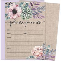 Rustic Burlap Invitations with Florals. 25 Lavender Envelopes and Fill in the Blank Invites for Bridal Showers, Baby Showers, Birthdays, Graduations, Christening, Baptism, Dinner Parties, Rehearsal Di