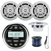 Kicker KMC2 Marine Boat Yacht Gauge Style AM/FM Radio Stereo Receiver Bundle Combo With 4x Kenwood 6.5-Inch 100 Watt Speaker + Enrock Radio Antenna + 50 Feet Speaker Wire