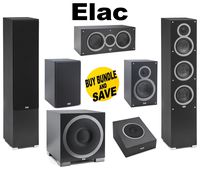 (1Pair) ELAC - F5 Tower Speakers + ELAC C5 5.25" Center + ELAC S10EQ 400Watt AutoEQ + ELAC A4 4" Dolby Atmos Speakers (Pair) + ELAC B5 Debut 5.25" Bookshelf Speakers (Pair)Bundle