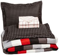 AmazonBasics 7-Piece Light-Weight Microfiber Bed-In-A-Bag Comforter Bedding Set - Full or Queen, Red Simple Stripe