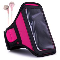 Pink Earphones and Hot Pink Sweat-Proof Cell Phone Workout Armband for Samsung Galaxy S10+, S10e, S10, A50, A60, M40, Xcover 4s, A10, A20, A30, A40, A20e, M10, M20, J7 Refine, J7 Star, J7 V 2018