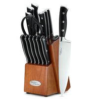 Marco Almond KYA32 Japanese Stainless Steel Knives Set, 14 Pieces Cutlery Set Kitchen Knife Set with Block, Built in Sharpener, Forged Triple Rivet with endcap Handle Knife Block Set, Cherry Block