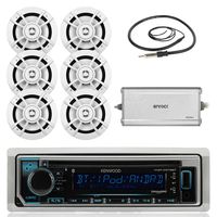 Kenwood Marine Boat Yacht Outdoor Bluetooth Stereo CD MP3 Player USB iPod iPhone Pandora AM/FM Reciver, 6 X Kenwood 6.5" Waterproof Speakers, Amplifier, Antenna - Marine Audio Kit