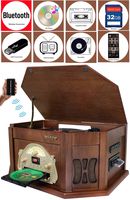 Boytone BT-25MB 8-in-1 Natural Wood Classic Turntable Stereo System with Bluetooth Connection, Vinyl Record Player, AM/FM, CD, Cassette, USB, SD Slot. 2 Built-in Speakers, Remote Control, MP3 Player