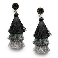 Black Grey Tiered Statement Tassel Earrings with Druzy Studs Fringe Boho Jewelry Layered Tassel Dangle Drop Earrings for Women Teen Girls