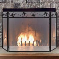 Pinty 3 Panel Wrought Iron Fireplace Screen Solid Baby Safe Fireplace Fence Leaf Design Steel Spark Guard Outdoor Metal Decorative Mesh Cover for Fireplace Panels Accessories