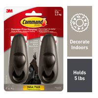 Command Forever Classic Metal Hook, Indoor Use, Bronze, 2 hooks, 4 strips, Large, Holds 5 lbs (FC13-ORB-2ES)