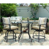 LOKATSE HOME Patio Bar Height 2 Outdoor Swivel Chairs and 1 High Glass Top Table, White Cushion Set