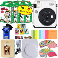 Fujifilm instax Mini 70 Instant Film Camera (Moon White) + Fujifilm instax Mini Instant Film (40 Sheets) + Custom Case + Assorted Frames + Photo Album + 60 Colorful Sticker Frames + HeroFiber