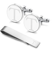 LOYALLOOK Classic Engraved Initial Cufflinks and Tie Clip Bar Set Alphabet Letter Formal Business Wedding Shirts T