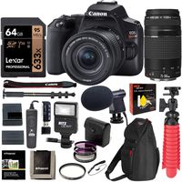 Canon SL3 DSLR Camera with 18-55mm is STM & 75-300mm Lens, U3 64GB Memory, Bag, Flash, Monopod, and Cleaning Kit Bundle