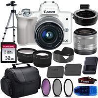 Canon EOS M50 Mirrorless Digital Camera (White) & 15-45mm STM Lens w/EOS M Mount Adapter + 32GB Transcend Memory Card, Shoulder Bag & Essential Accessory Bundle