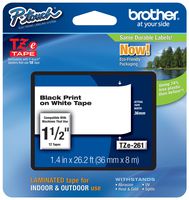 Brother Genuine P-touch TZE-261 Tape, 1-1/2" (1.4") Wide Standard Laminated Tape, Black on White, Laminated for Indoor or Outdoor Use, Water-Resistant, 1.4" x 26.2' (36mm x 8M), Single-Pack, TZE261