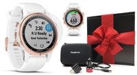 Garmin Fenix 5S Plus+ Sapphire (Rose Gold) GPS Watch Gift Box Bundle | +Screen Protectors, PlayBetter USB Chargers & Protective Case | 2018 Model, Carrera White Band | Black Gift Box, Red Bow
