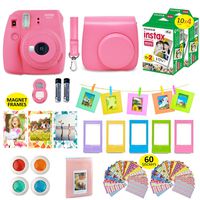 Fujifilm instax Mini 9 Instant Camera Flamingo Pink + 40 Instant Film Pack, Instax Case + Instax Accessories Bundle, Kit Includes, Albums, Selfie Lens, 4 Color Lenses, Magnets Frames, by Shutter