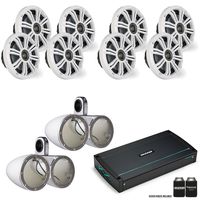 KICKER 44KXMA8008 800 watt amp with Four Pairs of KM654CW 6.5" Marine coaxial Speakers & KMTED White Tower Enclosures