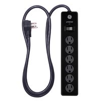 GE 6 Outlet Surge Protector, 4 Ft Extension Cord, Power Strip, 800 Joules, Twist-To-Close Safety Covers, Black, 33659