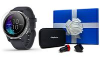 Garmin Venu (Granite Blue/Silver) Gift Box Bundle | +HD Screen Protectors, Car/Wall Adapters & Hard Case | All-Day Tracking, Wrist-Based HR, AMOLED Display | Fitness GPS Smartwatch