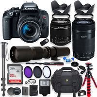 Canon EOS Rebel T7i DSLR Camera with 18-55mm STM Lens Bundle +Canon EF-S 55-250mm f/4-5.6 is STM Lens and 500mm Preset Lens + 32GB Memory + Filters + Monopod + Spider Tripod + Professional Bundle