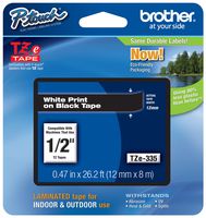 Brother Genuine P-touch TZE-335 Label Tape, 1/2" (0.47") Standard Laminated P-touch Tape, White on black, Laminated for Indoor or Outdoor Use, Water Resistant, 26.2 Feet (8M), Single-Pack
