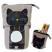 iSuperb Transformer Stand Store Pencil Holder Canvas+PU Cartoon Cute Cat Telescopic Pencil Pouch Bag Stationery Pen Case Box with Zipper Closure 7.5 x 4.9 x 3.0inch/4.1x 3.0inch (Gray)