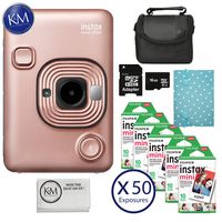 Fujifilm Instax Mini LiPlay Hybrid Camera (Blush Gold) w/Advance Instant Cam Bundle - Includes: Film, Camera Bag, 16GB Micro Memory Card, and 50 Fresh Exposures