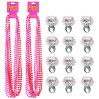 Konsait Party Beads Necklaces(12pcs) & Light Up Engagement Diamond Rings(12pcs), Bachelorette Party Light Up Rings with Bachelorette Party Beads 33inch (Pink & Red)