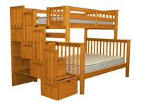 Bedz King Stairway Bunk Beds Twin over Full with 4 Drawers in the Steps, Honey