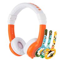 BuddyPhones Explore Foldable, Volume-Limiting Kids Headphones, Foldable Headband with Travel Bag, Built-In Audio Sharing Cable with Mic, Compatible with Fire, iPad, iPhone, and Android Devices, Orange