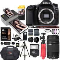 Canon EOS 80D DSLR Camera, Kodak Print Dock with Paper, EF 75-300mm III Telephoto Lens, Tripod, Lexar 32GB U3 Memory Card Bundle