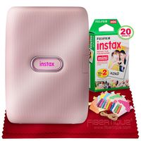 Fujifilm Instax Mini Link Smartphone Printer (Dusky Pink) + Fujifilm Instax Mini Twin Film (20 Exposures), Colorful Film Frames with Hanging Clips & Fibertique Microfiber Cleaning Cloth