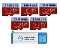 Samsung 32GB Evo Plus MicroSD Card (5 Pack Bundle) Class 10 SDHC Memory Card with Adapter (MB-MC32G) with (1) Everything But Stromboli (TM) 3.0 Reader with SD & Micro (TF) Slots