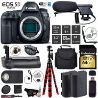 Canon EOS 5D Mark IV DSLR Camera (Body Only) + Professional Battery Grip + Condenser Microphone + Extra Battery + Case + Wrist Strap + Tripod + Card Reader - International Version