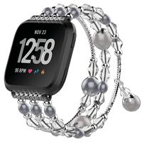 CreateGreat for Fitbit Versa Bands, Stainless Steel Metal Replacement Wristbands Bling Adjustable Fitbit Versa Accessories Pearl Bracelet Strap
