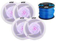 4X Pyle Marine 4" 2-Way Waterproof White LED Low Profile Slim Style Speakers, 16-Gauge 50 Foot Tinned Speaker Wire
