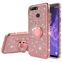 EnjoyCase Glitter Case Huawei Y6 2018,Bling Diamond Rhinestone Girls Women Cover with Ring Kickstand Shiny Skin Clear Protective Bumper Case for Huawei Y6 2018,Rose Gold