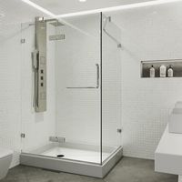 VIGO 32 x 48 Inch Frameless Rectangular Hinged-Pivot Shower Door Enclosure with Magnetic Waterproof Seal Strip/304 Stainless Steel Hardware/Tempered Glass/Brushed Nickel Finish/Left Drain Base Included