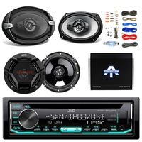 JVC CD/MP3 AM/FM Radio Player Car Receiver Bundle Combo with 2x JVC 300W 6.5" 2-Way Car Audio Speakers, 2 x 6x9" 3-Way Stereo Speaker, 1600 Watt Class A/B Amplifier, Boss 8gauge amp Install Kit