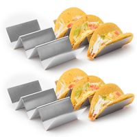 4 Pack - Stylish Stainless Steel Taco Holder Stand, Taco Truck Tray Style, Rack Holds Up to 3 Tacos Each, Oven Safe for Baking, Dishwasher and Grill Safe, 4" x 8", by California Home Goods