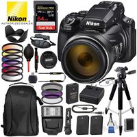 Nikon COOLPIX P1000 Digital Camera with 125x Optical Zoom USA (Black) 16PC Accessory Bundle Package - Includes SanDisk 64GB Extreme Pro SDHC Memory Card + 2X Extra Battery + 57" Tripod + More